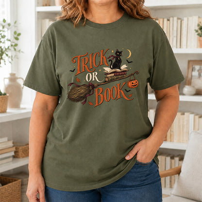 Trick Or Book Black Cat Printed T-Shirt | Halloween Book Lover Gift Military Green