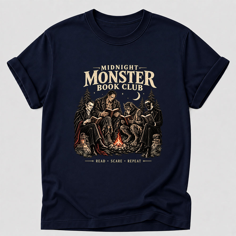 Midnight Monster Book Club Printed T-Shirt | Halloween Book Lover Gift Navy