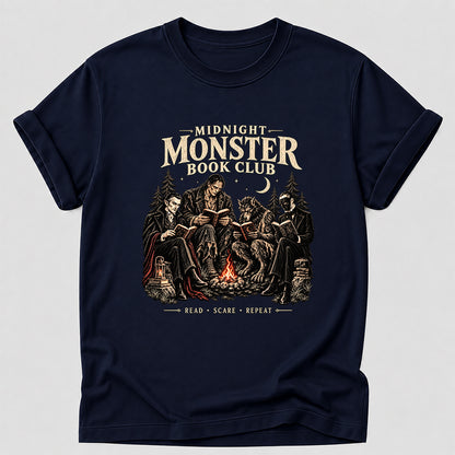 Midnight Monster Book Club Printed T-Shirt | Halloween Book Lover Gift Navy