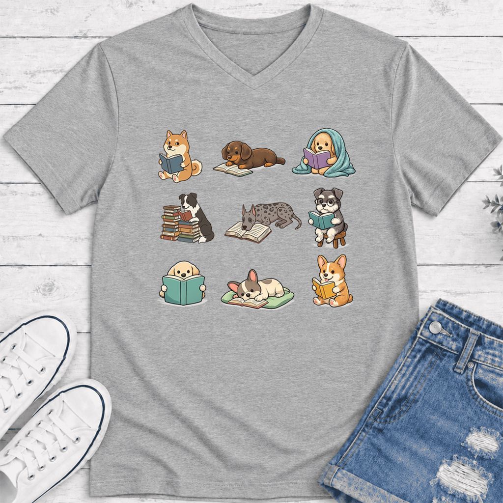 Funny Reading Dogs Ultra-Soft V-Neck | Dog Mom Reader Gift Athletic Heather