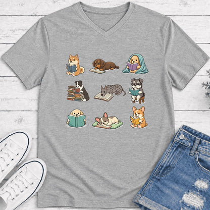 Funny Reading Dogs Ultra-Soft V-Neck | Dog Mom Reader Gift Athletic Heather