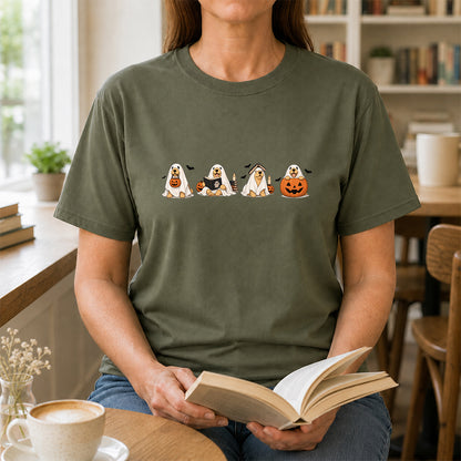Spooky Golden Retrievers Book Club Printed T-Shirt | Halloween Book Lover Gift Military Green