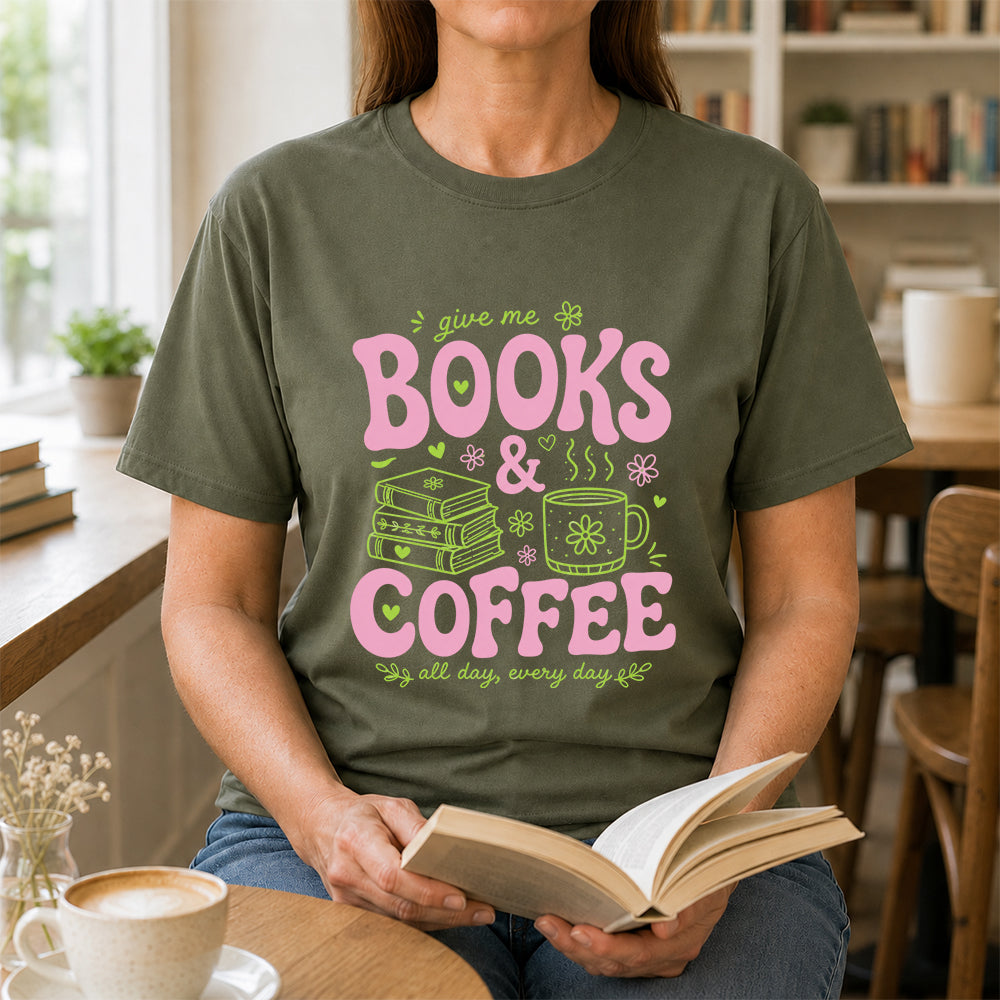 Books and Coffee Softstyle T-Shirt | Book Lover Gift Military Green