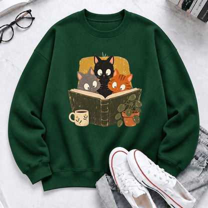 Curious Reading Cats Softstyle Sweatshirt | Cozy Book Lover Gift Forest Green