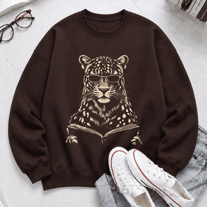 Leopard Reading Book Crewneck Sweatshirt | Reader Gift Dark Chocolate
