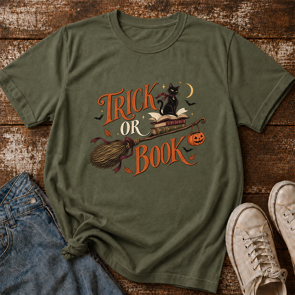 Trick Or Book Black Cat Printed T-Shirt | Halloween Book Lover Gift Military Green