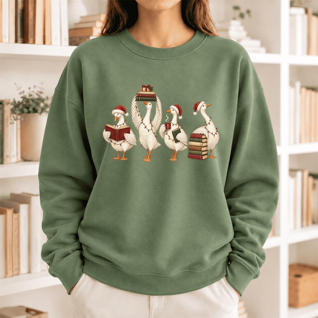 Christmas Reading Ducks Softstyle Sweatshirt | Christmas Book Lover Gift Military Green