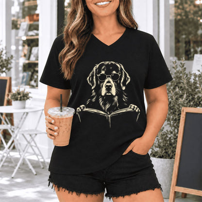 Golden Retriever Reading Book Ultra-Soft V-Neck | Dog Mom Reader Gift Black