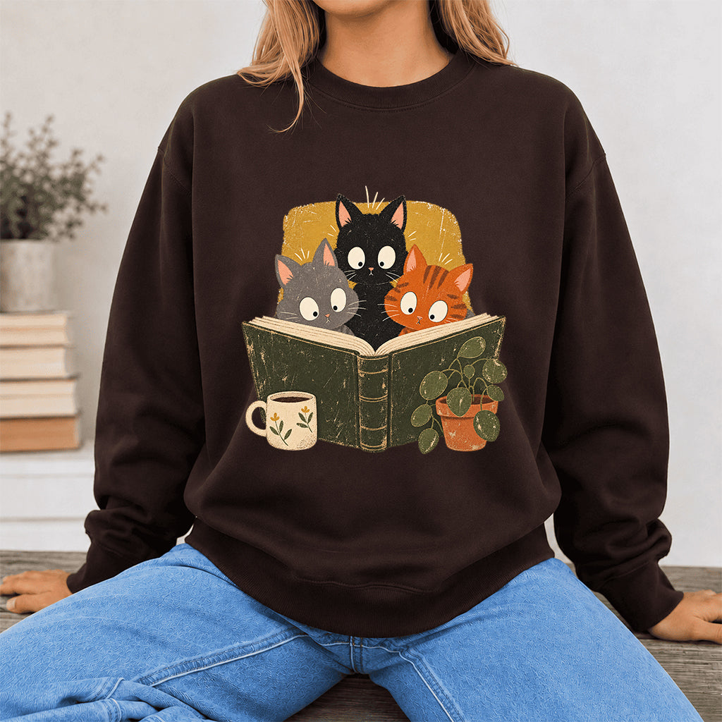 Minimal Japanese Cats Reading Crewneck Sweatshirt | Reader Gift Dark Chocolate