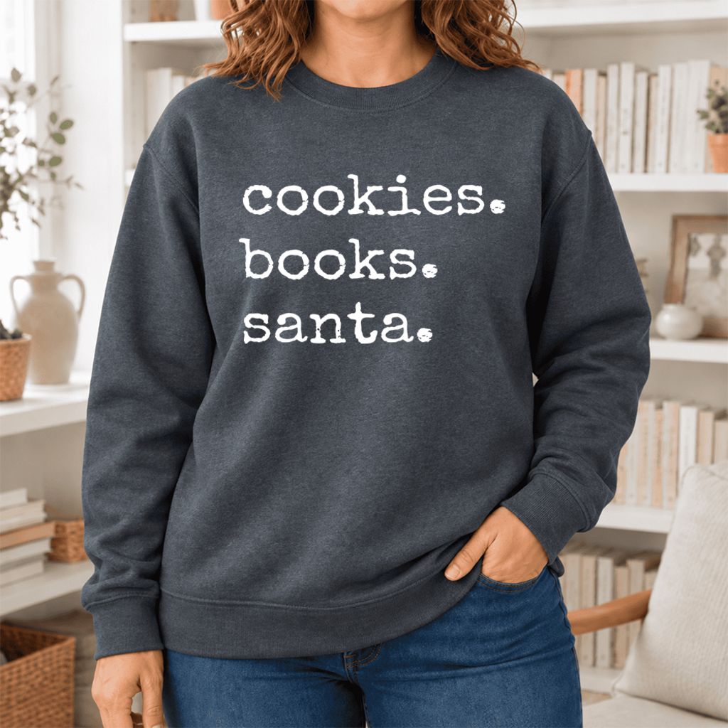 Cookies Books Santa Softstyle Sweatshirt | Christmas Book Lover Gift Dark Heather