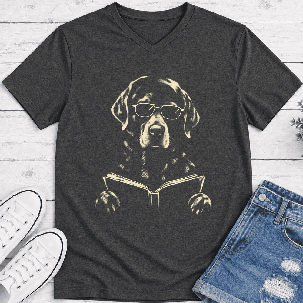 Labrador Retriever Reading Book Ultra-Soft V-Neck | Dog Mom Reader Gift Dark Grey Heather
