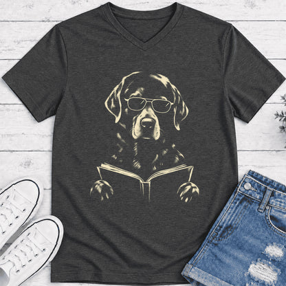 Labrador Retriever Reading Book Ultra-Soft V-Neck | Dog Mom Reader Gift Dark Grey Heather
