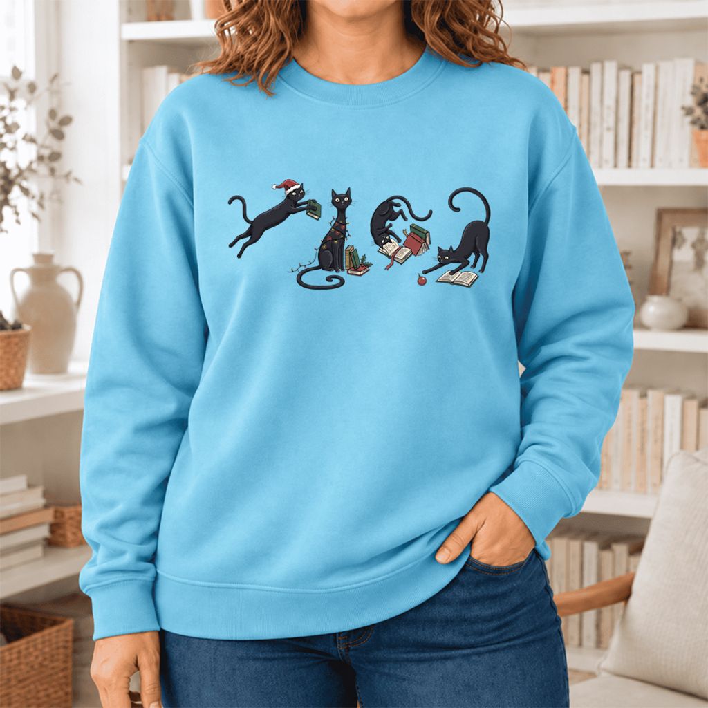 Christmas Reading Cats Softstyle Sweatshirt | Christmas Book Lover Gift Sky