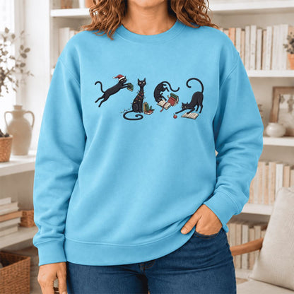 Christmas Reading Cats Softstyle Sweatshirt | Christmas Book Lover Gift Sky