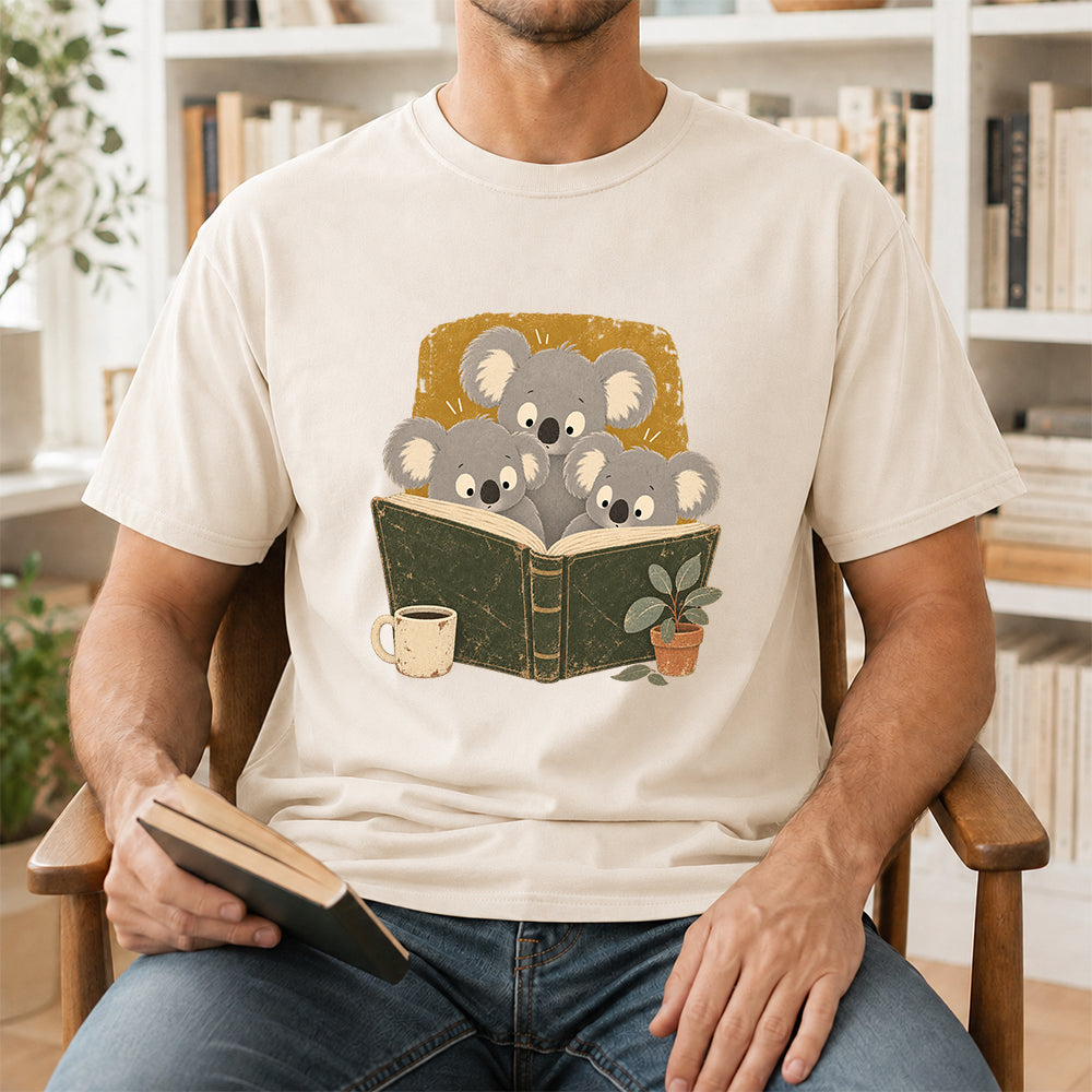 Minimal Japanese Koalas Reading Softstyle T-Shirt | Book Lover Gift Natural