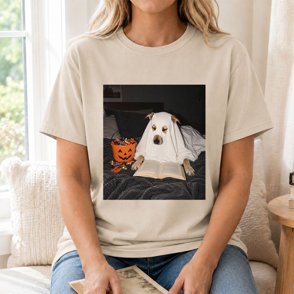 Cute Reading Ghost Dog Printed T-Shirt | Halloween Book Lover Gift Sand