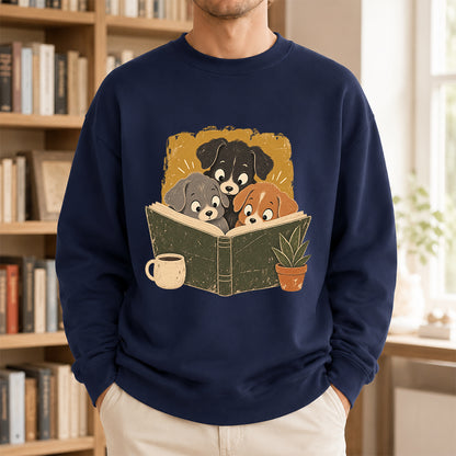 Minimal Japanese Dogs Reading Crewneck Sweatshirt | Reader Gift Navy