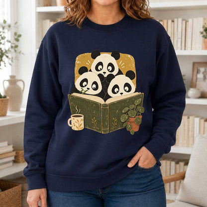 Curious Pandas Reading Crewneck Sweatshirt | Panda Lover & Reader Gift Navy