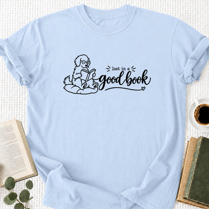 Lost In A Good Book Cotton T-Shirt | Dog & Book Lover Gift Light Blue