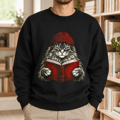 Vintage Reading Cat Maine Coon Softstyle Sweatshirt | Christmas Book Lover Gift Black