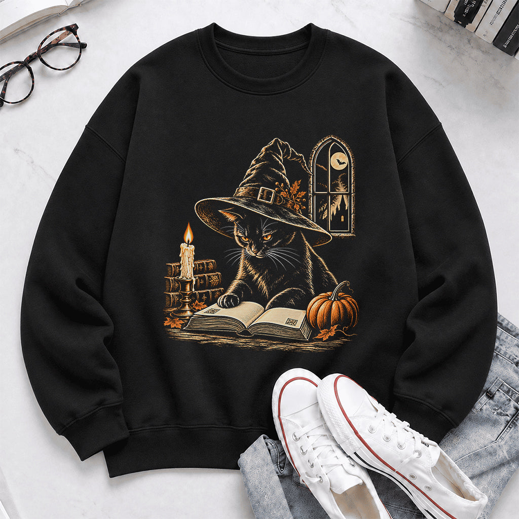 Reading Black Cat Witch Printed Sweatshirt | Halloween Book Lover Gift Black