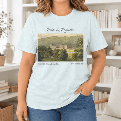 Pemberley House Pride And Prejudice Ultra-Soft Cotton T-Shirt | Gift Heather Ice Blue