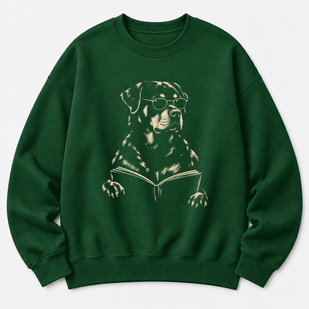 Rottweiler Reading Book Softstyle Sweatshirt | Dog Mom Reader Gift Forest Green