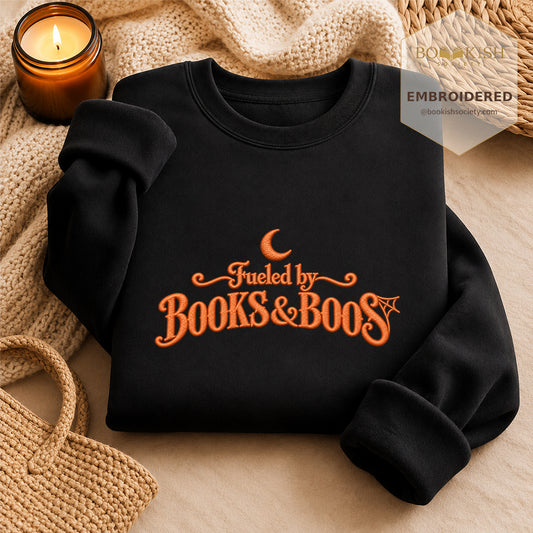Fueled By Books & Boos Embroidered Sweatshirt | Halloween Book Lover Gift Black