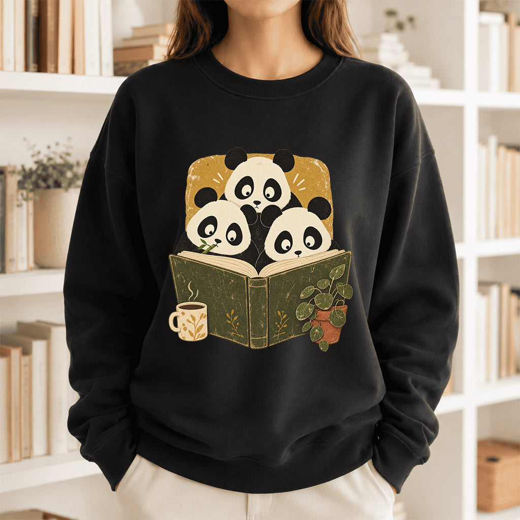 Curious Pandas Reading Crewneck Sweatshirt | Panda Lover & Reader Gift Black