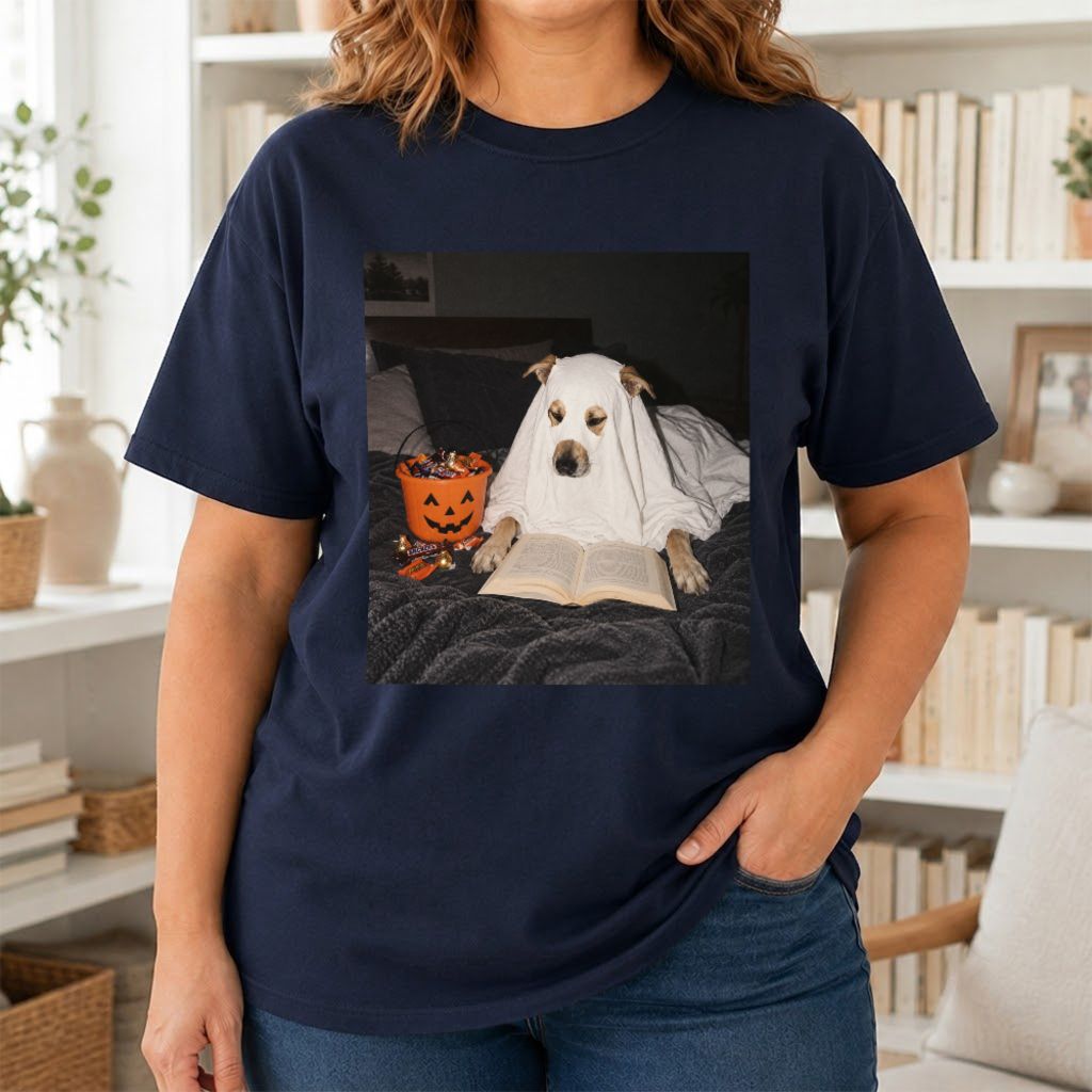 Cute Reading Ghost Dog Printed T-Shirt | Halloween Book Lover Gift Navy