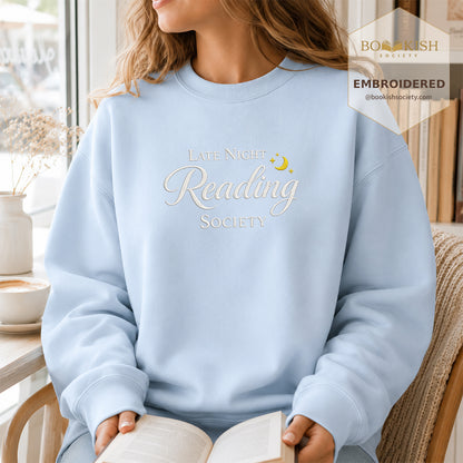 Late Night Reading Society Embroidered Sweatshirt | Reader Gift Light Blue