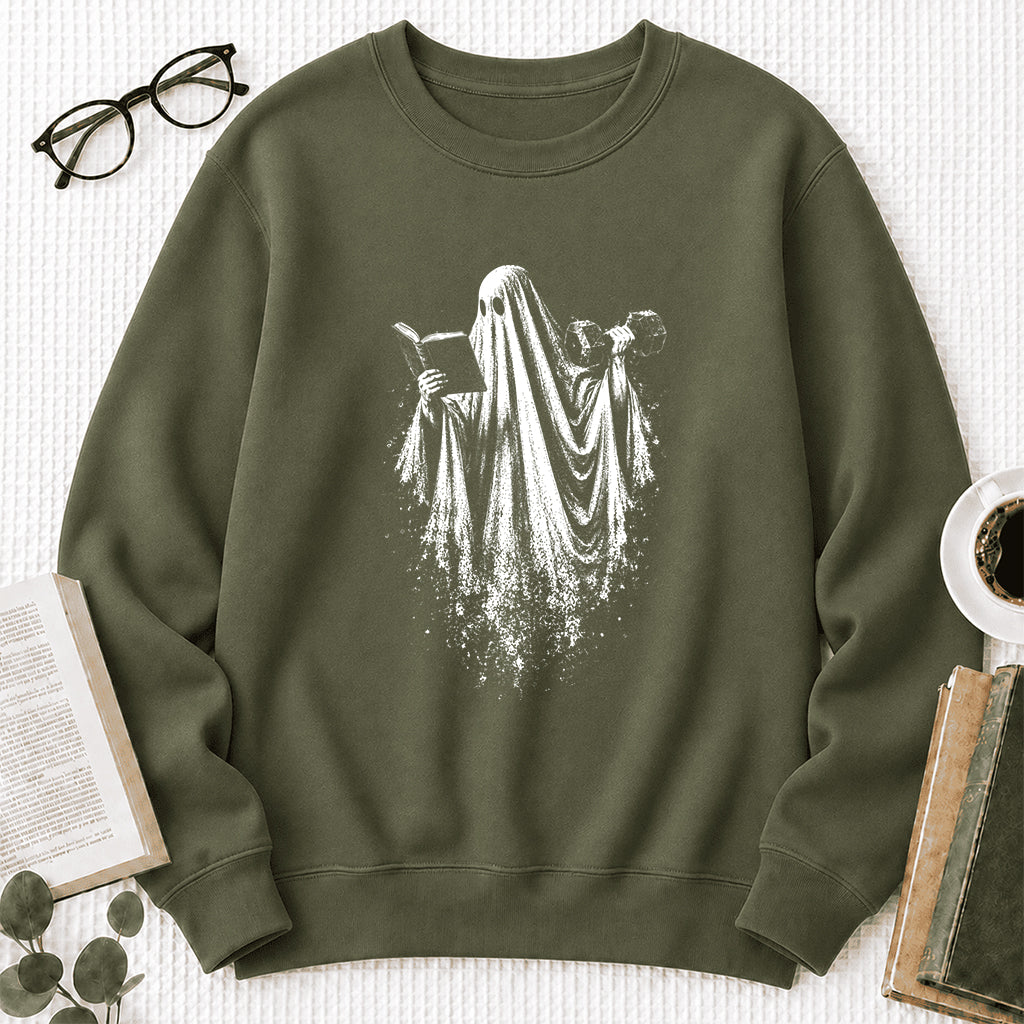 Reading Gym Ghost Printed Sweatshirt | Halloween Book Lover Gift Military Green