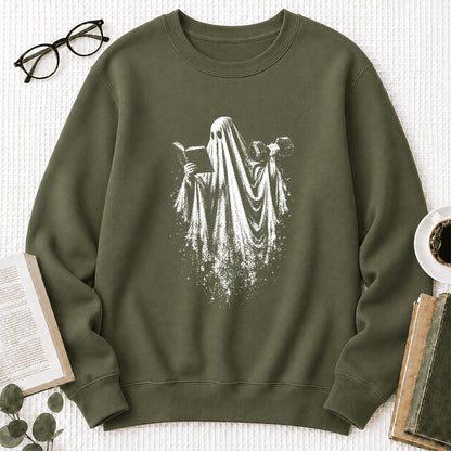 Reading Gym Ghost Printed Sweatshirt | Halloween Book Lover Gift Military Green