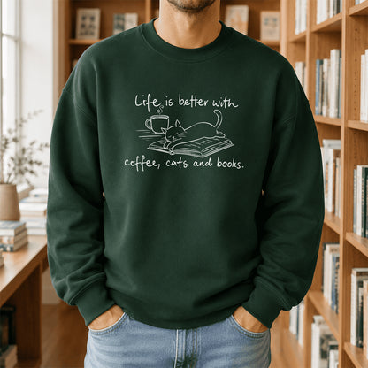 Funny Cats and Books Crewneck Sweatshirt | Reader Gift Forest Green