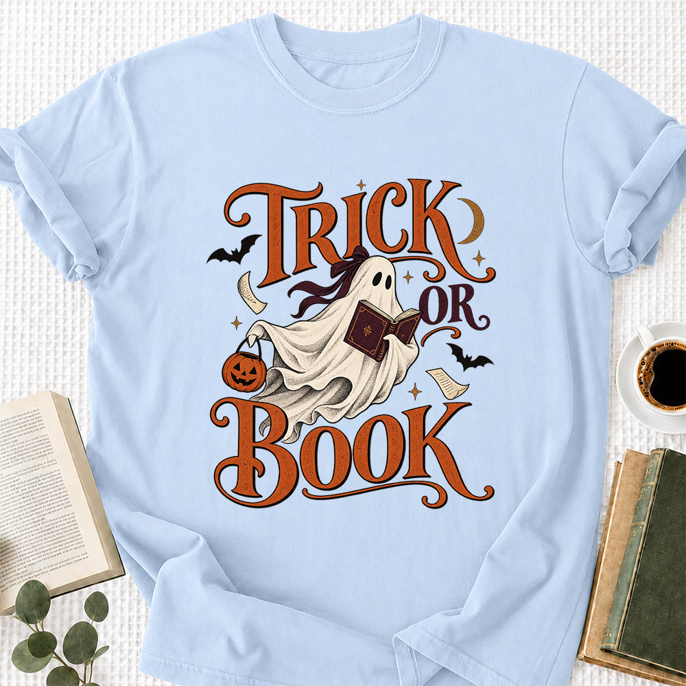 Trick Or Book Ghost Printed T-Shirt | Halloween Book Lover Gift Light Blue