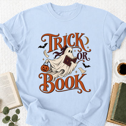 Trick Or Book Ghost Printed T-Shirt | Halloween Book Lover Gift Light Blue