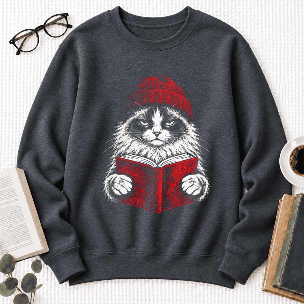 Vintage Reading Cat Ragdoll Softstyle Sweatshirt | Christmas Reader Gift Dark Heather