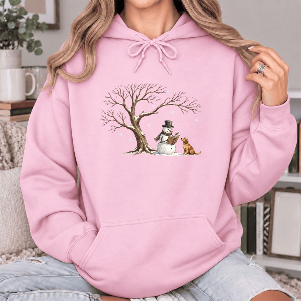 Golden Retriever And Snowman Under Tree Softstyle Hoodie | Christmas Reader Gift Light Pink