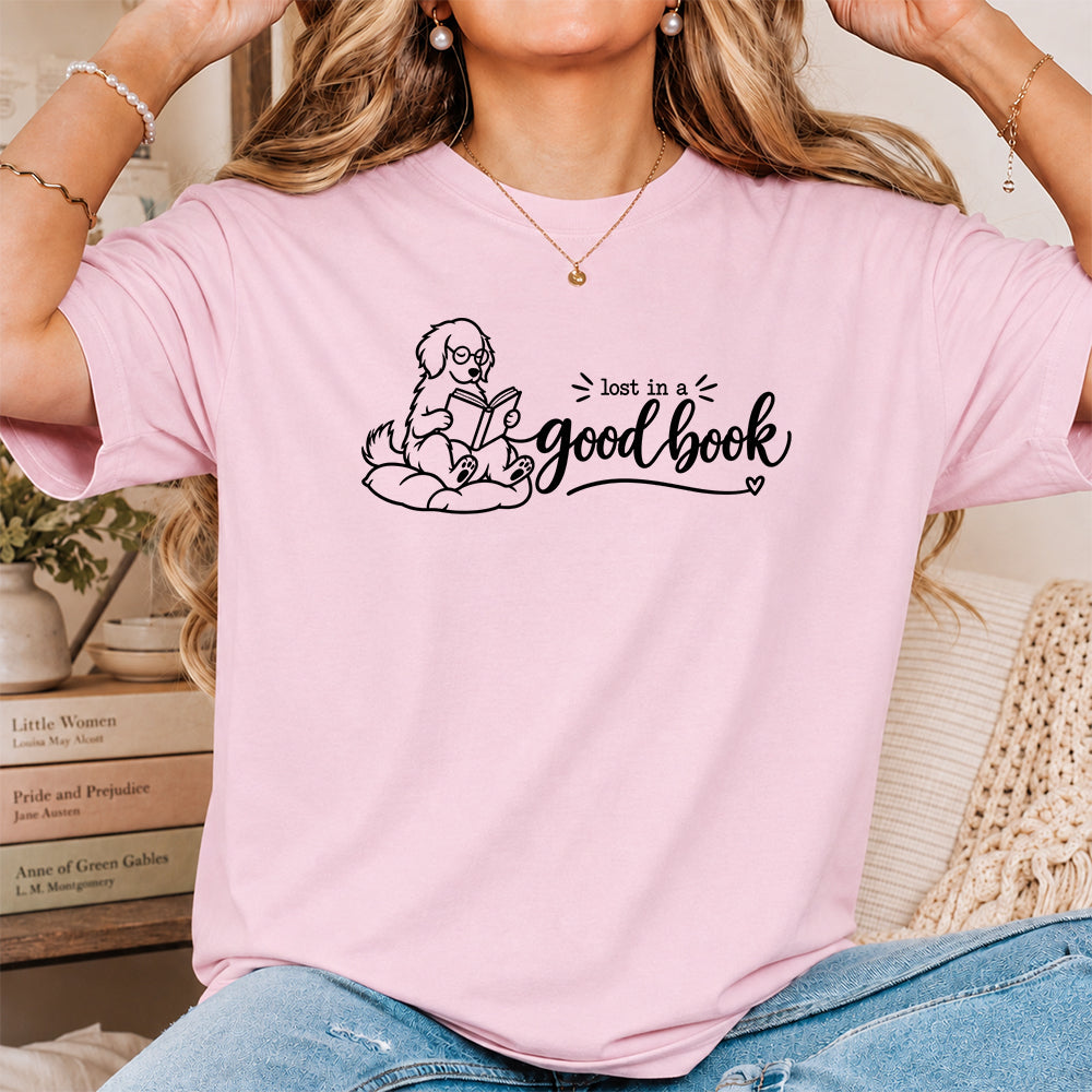 Lost In A Good Book Cotton T-Shirt | Dog & Book Lover Gift Light Pink
