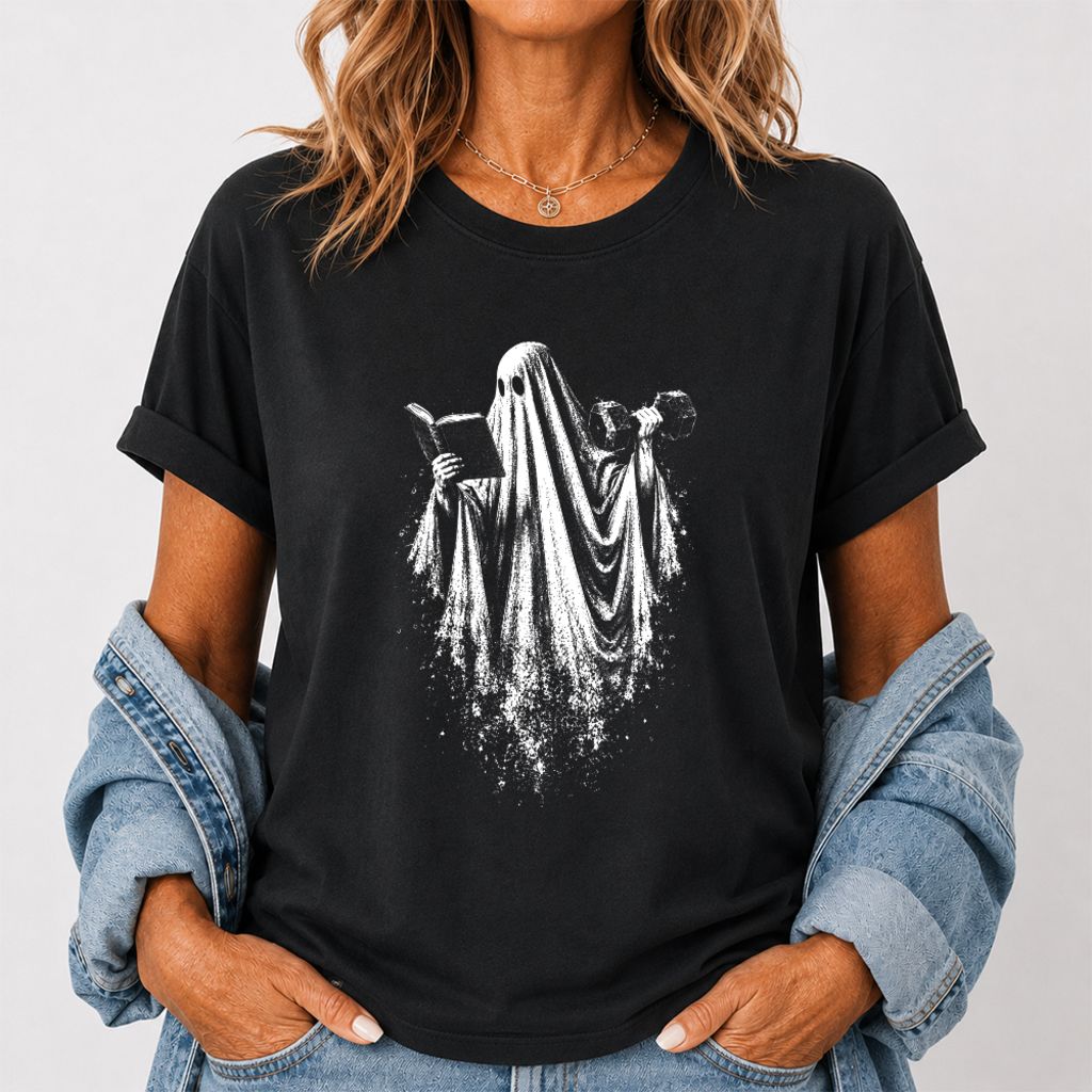 Reading Gym Ghost Printed T-Shirt | Halloween Book Lover Gift Black