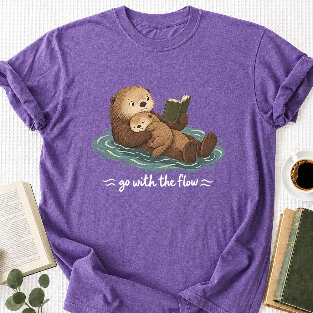 Go With The Flow Otter Reading Softstyle T-Shirt | Book Lover Gift Heather Purple