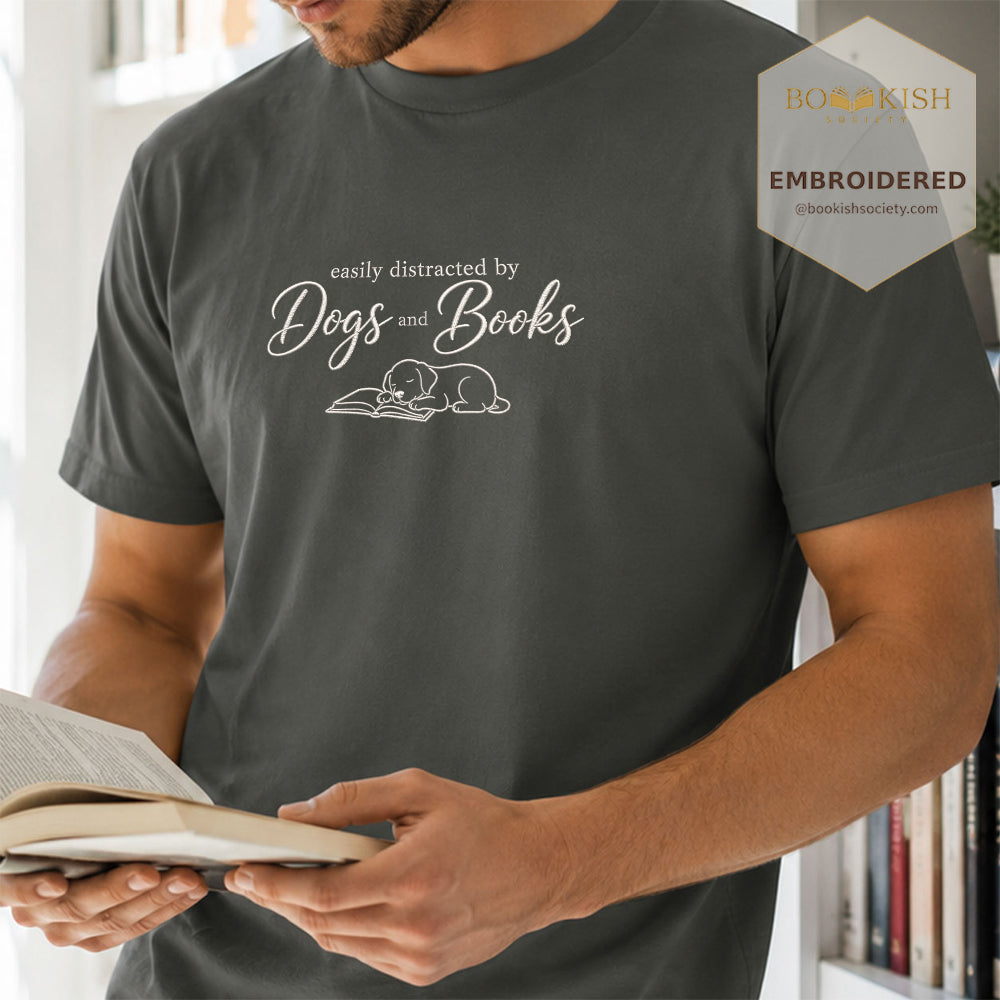 Easily Distracted By Dogs And Books Embroidered Comfort Color® T-shirt | Book Lover Gift Pepper