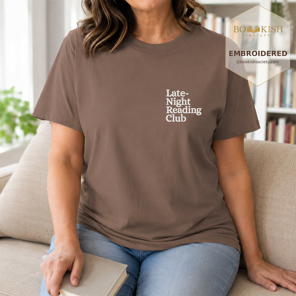 Late Night Reading Club Embroidered Comfort Color® T-shirt | Book Lover Gift Espresso