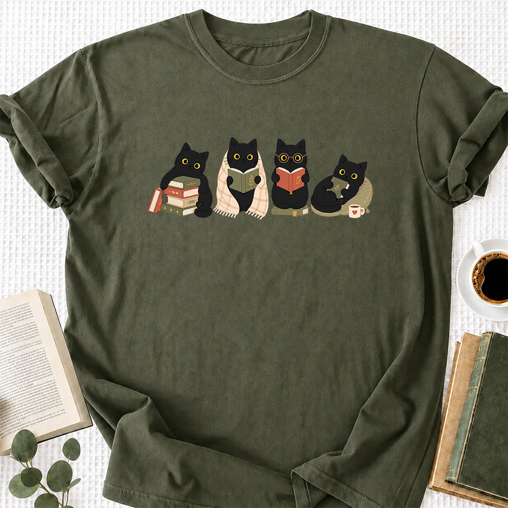 Black Cats Reading Softstyle T-Shirt | Book Lover Gift Military Green