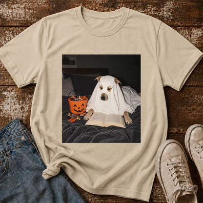 Cute Reading Ghost Dog Printed T-Shirt | Halloween Book Lover Gift Sand
