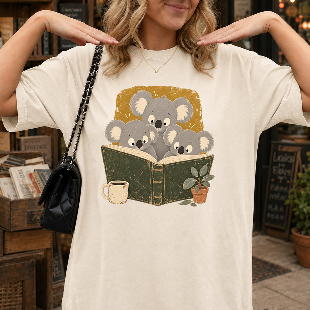 Minimal Japanese Koalas Reading Softstyle T-Shirt | Book Lover Gift Natural