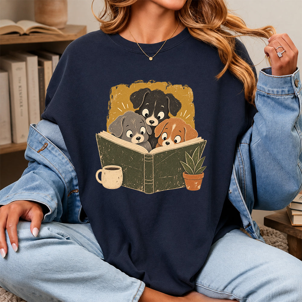Minimal Japanese Dogs Reading Softstyle T-Shirt | Book Lover Gift Navy