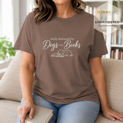 Easily Distracted By Dogs And Books Embroidered Comfort Color® T-shirt | Book Lover Gift Espresso