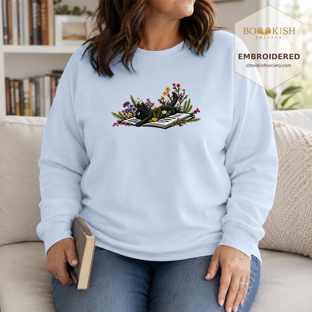 Cat and Book Embroidered Sweatshirt | Reader Gift Light Blue