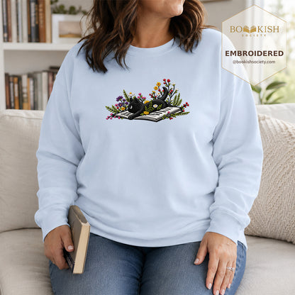 Cat and Book Embroidered Sweatshirt | Reader Gift Light Blue